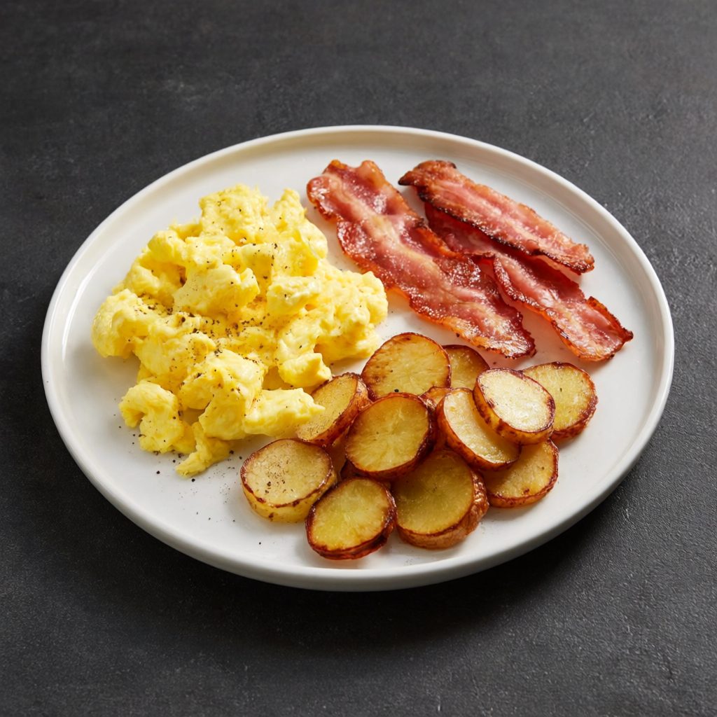 Two eggs with choice of meat, grits or home fries.